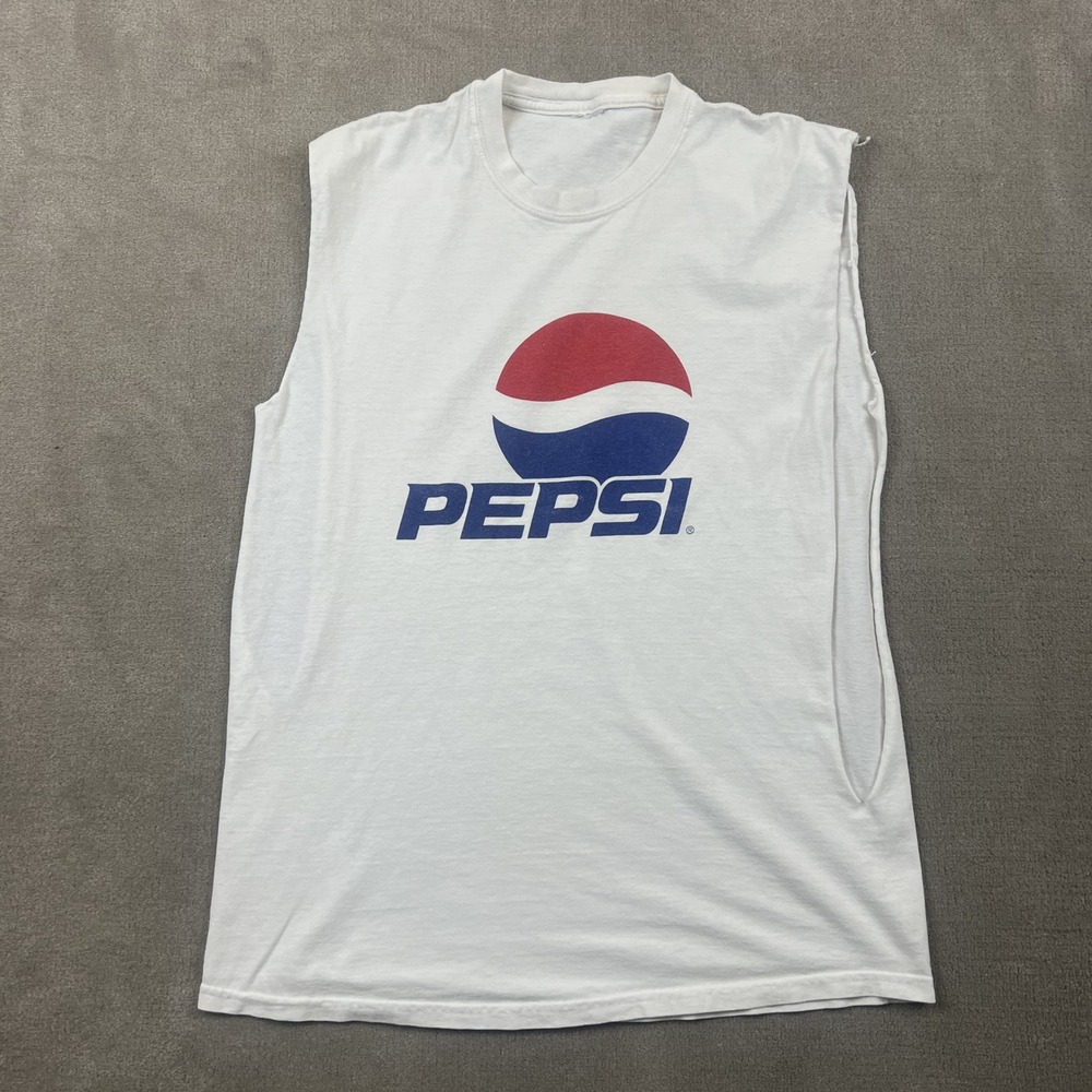 Vintage Pepsi Muscle Tee Men Large White Sleeveless Soda Promo Graphic T-Shirt
